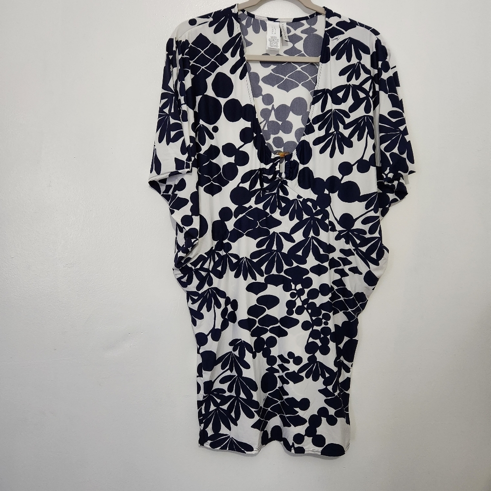Trina Turk Swim Cover Up Dress Medium White Blue Resort Wear Tunic Bali Blossom